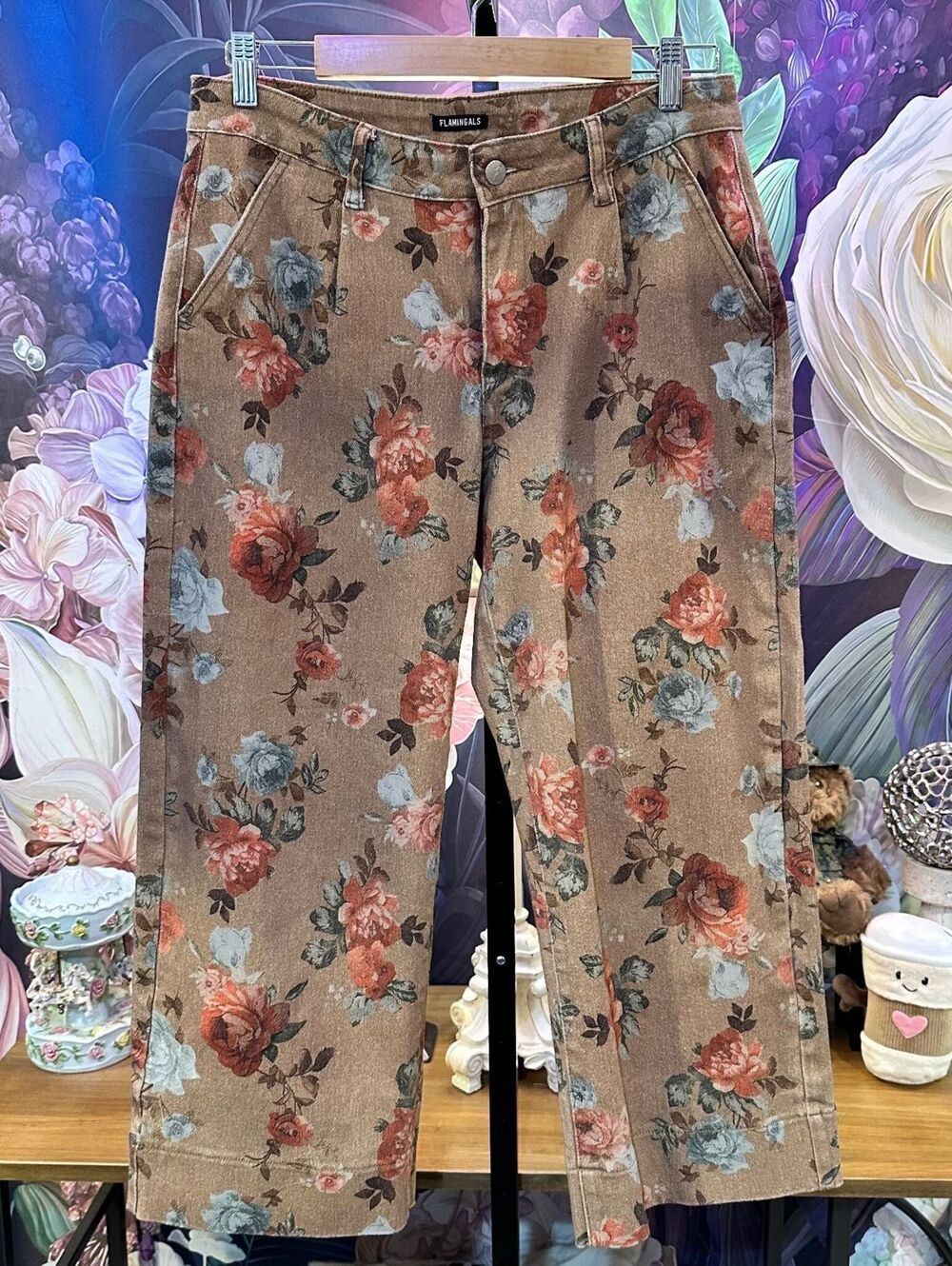 Flamingals L Floral Jeans Brown Rose Print Straight Leg Cottagecore Boho Stretch